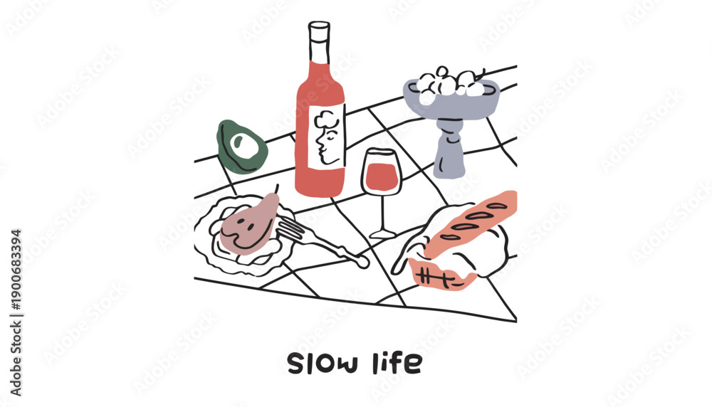 Obraz premium A minimalist illustration of a wine and cheese setting for a slow life
