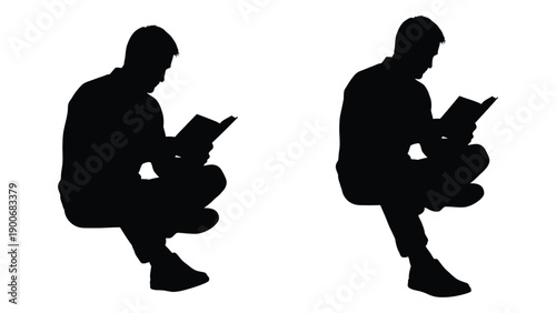 Silhouettes of two people sitting and reading books depicted in black