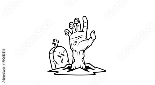 A terrifying zombie hand reaching out from a grave in front of a tombstone, in a black and white comic book style illustration.