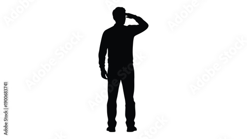 Silhouette of a man saluting with his right hand raised to his forehead