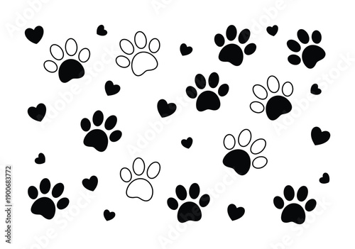 Cute Paw Prints and Hearts Pattern Vector illustration Black and White