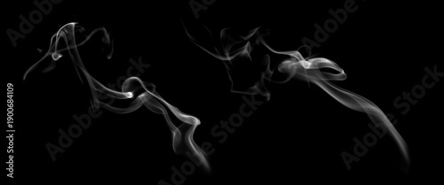 Fényképezés Elegant white smoke swirl isolated on black background, flowing wispy vapor with artistic curves