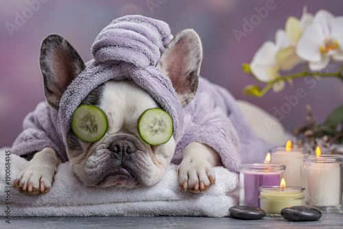 Cute cat relaxing with towel on head in soft morning light, aesthetic animal wellness and skincare self-care.