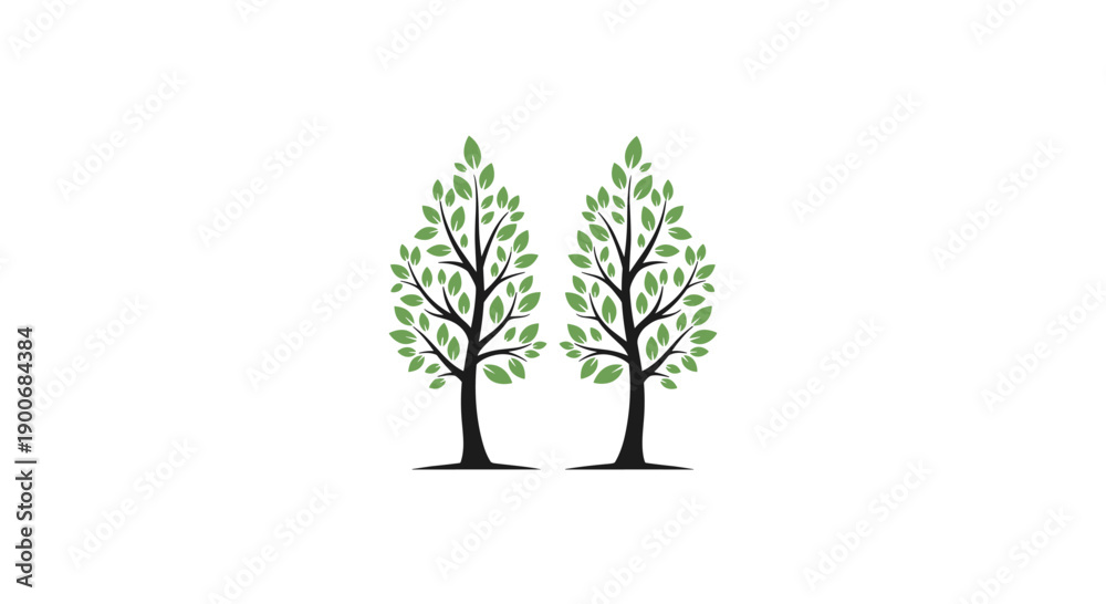 Obraz premium A simple and elegant illustration of two identical green deciduous trees with black trunks, symbolizing growth, nature, and partnership.