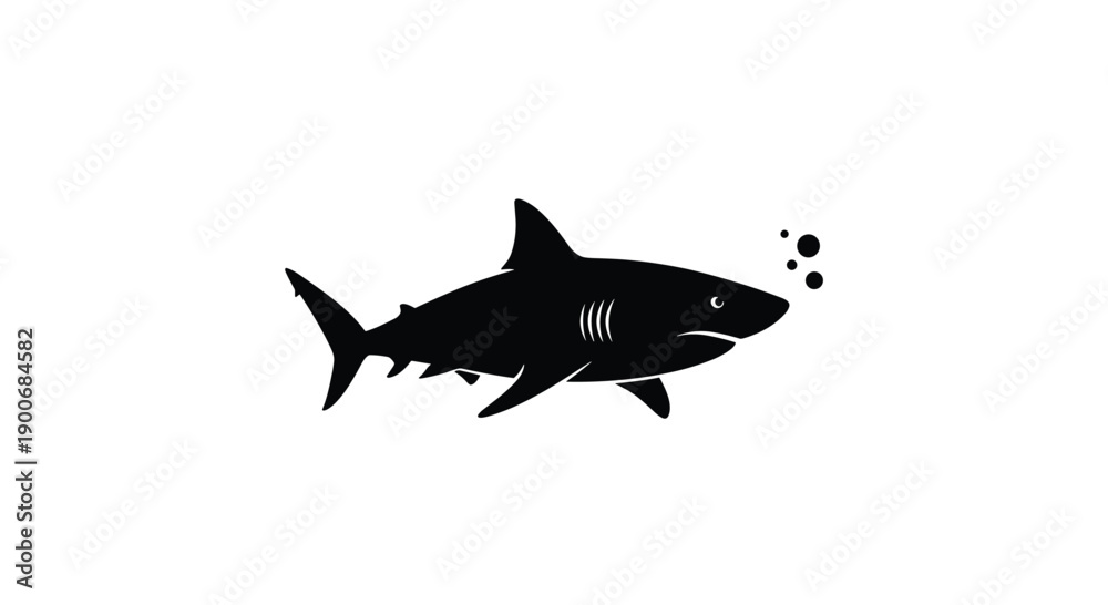Fototapeta premium A simple black silhouette icon of a great white shark swimming in the ocean, with small air bubbles, on a white background.