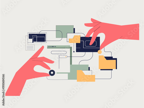 Modern File Management and Data Workflow Illustration with User Interface Concept