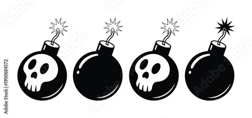 Four Cartoon Bombs, Two With Skull Ready to Explode Vector illustration