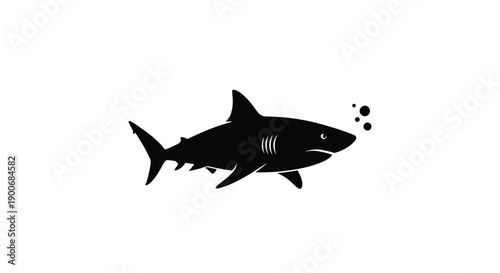 A simple black silhouette icon of a great white shark swimming in the ocean, with small air bubbles, on a white background.