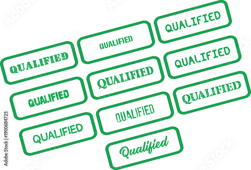 Qualified Green Rectangular Stamps Scattered on White Background, Mixed Fonts, Isolated