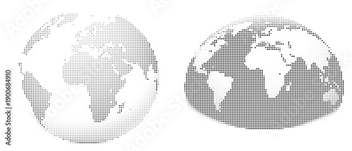 Halftone World Globe Hemisphere Icons – Global Map Technology Concept.