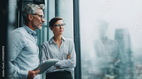 Two colleagues standing near window, discussing project, city background softly blurred, professional lifestyle photography, copy space on the left