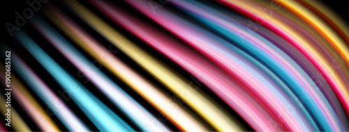 Abstract colorful lines curve across black background. Bright hues blend, creating dynamic visual effect. Smooth gradients dominate composition.