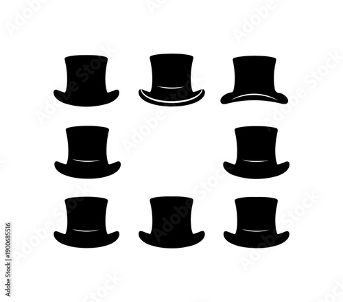 Set of Nine Classic Top Hats Vector Icons