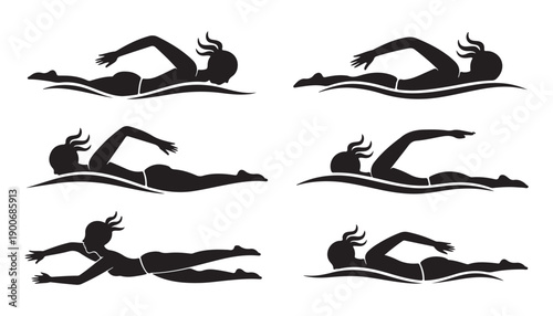 Silhouette of woman swimmer in motion swimming in water waves vector set for sports and recreation