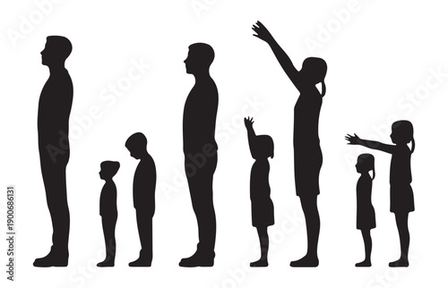 Silhouette set of diverse people group standing together in profile view isolated on white backdrop