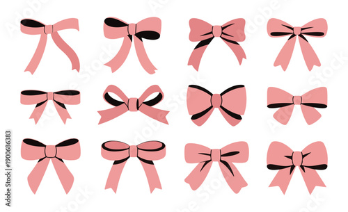 Elegant pink ribbon bows with black shadows showcasing graceful hanging tails and classic gift wrap aesthetic