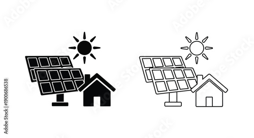 Solar panels on a house with sun icons shown in outline and filled styles