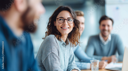 Professional team discussion with calm positive energy, HR employer branding photography, copy space on right