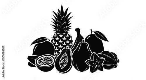 A collection of tropical fruits in a black and white illustration