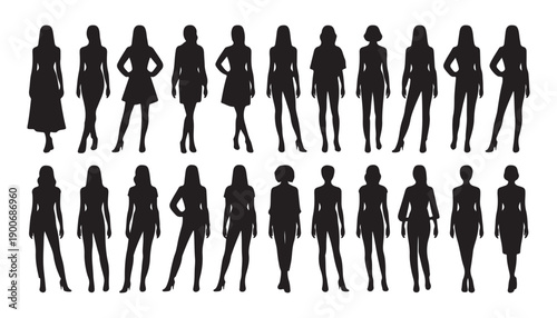 Collection of female fashion silhouettes in standing poses, diverse outfits and styles