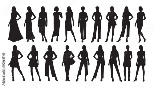 Elegant fashion silhouettes for women, showcasing stylish attire and confident poses