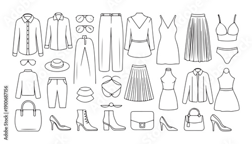 Assortment of women's clothing and accessories for stylish outfits and fashion ensembles