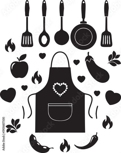 Collection of cooking utensils and ingredients on a transparent background