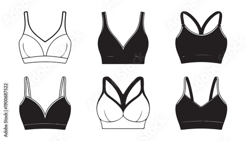 Sports bra collection featuring various silhouettes in black and white minimalist line art designs