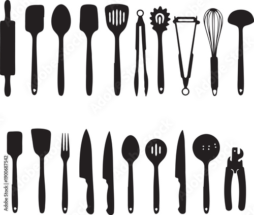 Array of kitchen utensils including rolling pins, spoons, spatulas, and whisks