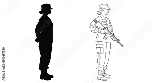 Silhouette and outline of a soldier standing at attention with a rifle