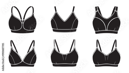 Athletic brassiere silhouettes set featuring various black sports bra designs for fitness lifestyle