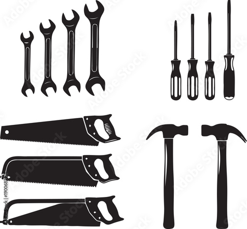 Tools set silhouette collection wrenches screwdrivers saws hammers on transparent background, workshop concept