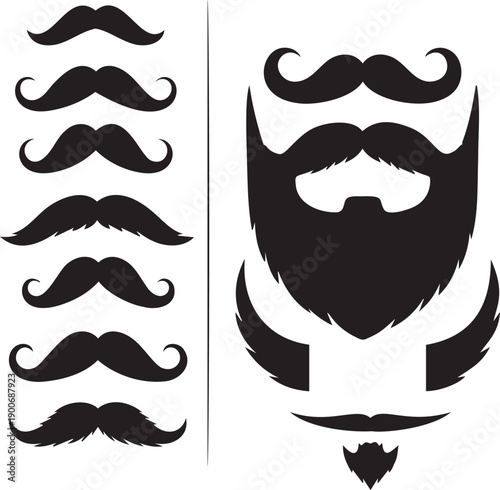 Set of black silhouette mustache and beard vector icons isolated on a transparent background for various uses