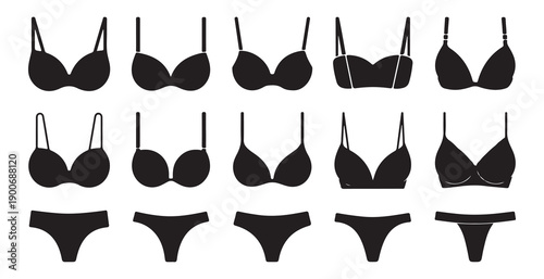 Set of various black bra and panty silhouettes isolated on a white background