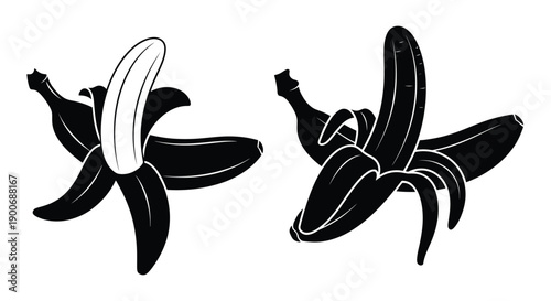 Two stylized bananas one peeled and one unpeeled in black and white