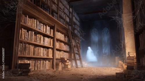 Wallpaper Mural Ghostly encounter in an old dusty library cobwebbed atmosphere mysterious glow enigmatic environment Torontodigital.ca