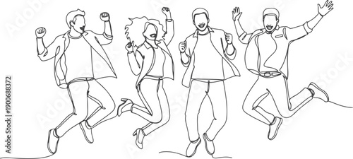 Happy Crowd Celebrating Success Together – Continuous Line Art Illustration