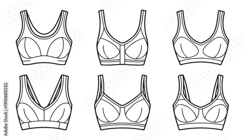 Set of six black outline bras with thick shoulder straps on a white background