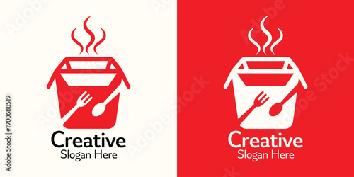 Chinese takeout box logo with steam fork and spoon