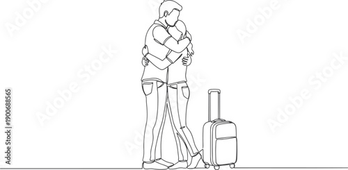Couple Hugging Before Travel with Suitcase – Continuous Line Art Illustration