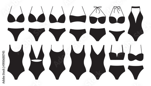 Various black bikini and swimsuit styles collection isolated on white background vector