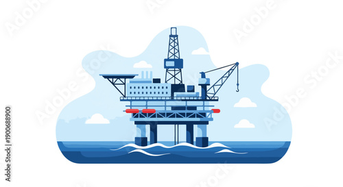 Offshore Oil Rig Ocean Drilling Platform Flat Vector Illustration