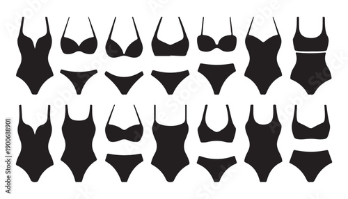 Various black swimsuit and lingerie set collection isolated on white background vector