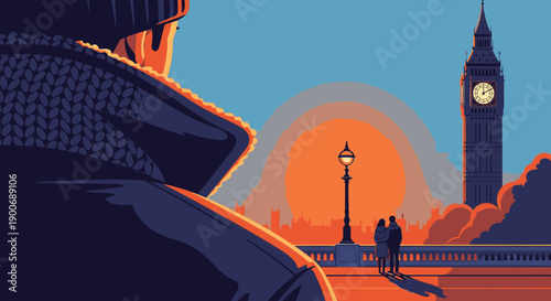 A person in winter attire gazes at the iconic London skyline during a beautiful sunset, with Big Ben towering over the Thames.