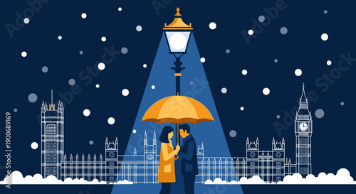 A romantic couple shares a moment under a warm street lamp and a yellow umbrella, as snow gently falls over the iconic London skyline.