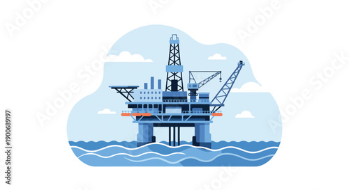 Offshore Oil Rig Drilling Platform Flat Vector Illustration