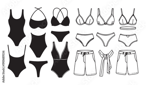 Swimsuits and beachwear vector icons. Summer fashion outline symbols for vacation and resort