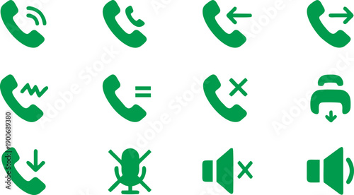 Simple Green Silhouette Phone Call Communication Function Interface Icon Set