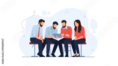 Diverse team collaborating on digital tablet in modern office setting