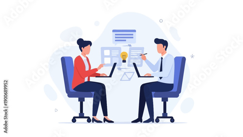 Business meeting: two colleagues working on laptops, brainstorming ideas, teamwork